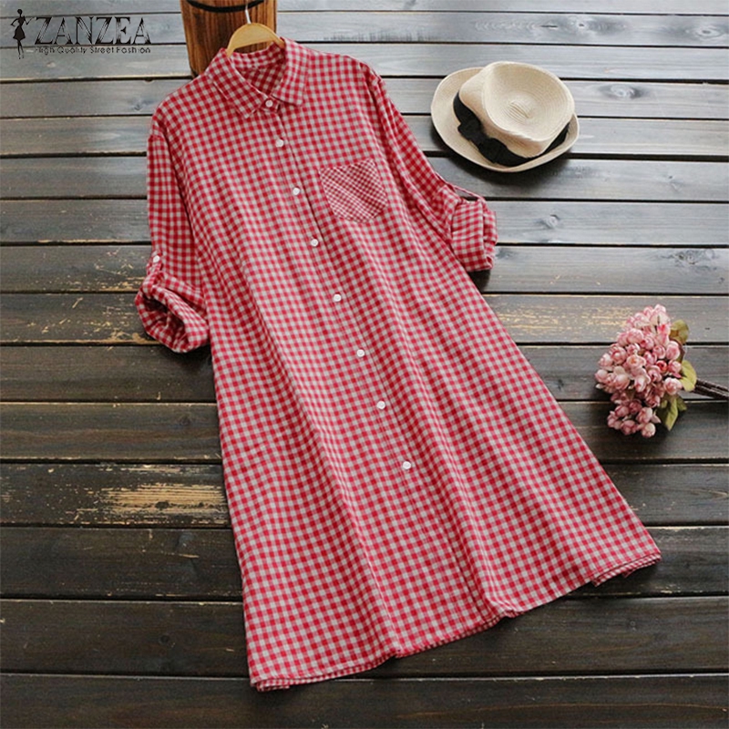 Đầm nữ ca rô ZANZEA dài tay cổ bẻ form dài rộng thời trang Hàn Quốc | BigBuy360 - bigbuy360.vn