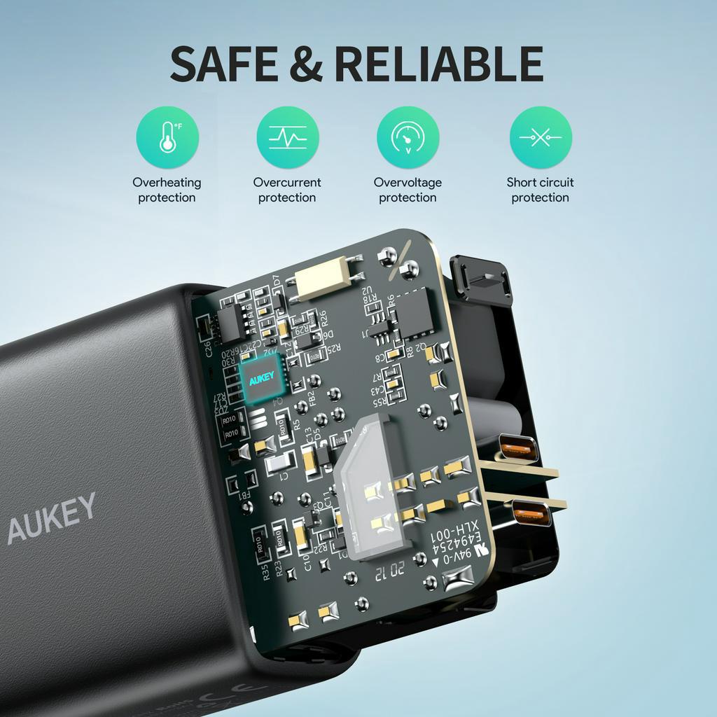 Củ sạc Nhanh AUKEY PA-R2S đôi PD 20W+20W Omnia™ Gan Type C Cho iPhone 14 13 12 11 X 8