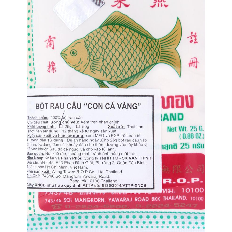 [ Yams Mart ] Bột Rau Câu Con Cá Vàng Platapiantong Gói 25G