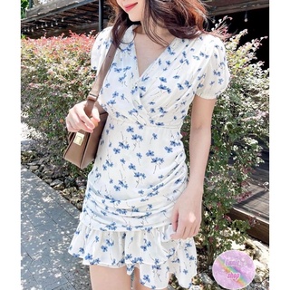 Đầm Voan Hoa cổ V nhún họa tiết hoa xanh nền voan trắng🍃 Freesize