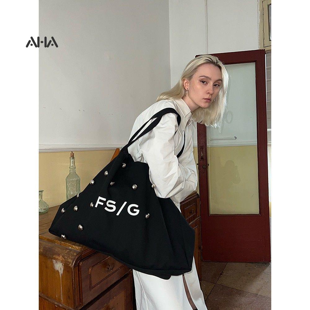 Túi xách AHA official canvas cỡ lớn đính hạt tròn in họa tiết dễ thương