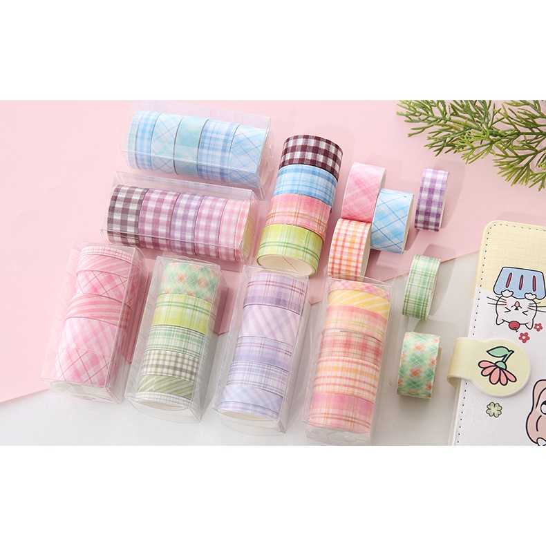 Set 6 cuộn washi tape caro hộp nhựa họa tiết đặc biệt, băng dính washi tape MonaBook cute