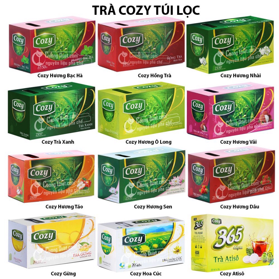 Trà Túi lọc Cozy/Trà Hòa Tan Cozy Đủ Hương vị Dâu/Gừng/Sen/Nhài/Quế/Táo/Đào/Bạc hà/cúc/Hồng trà/Ô long/Vải/xoài/trà xanh