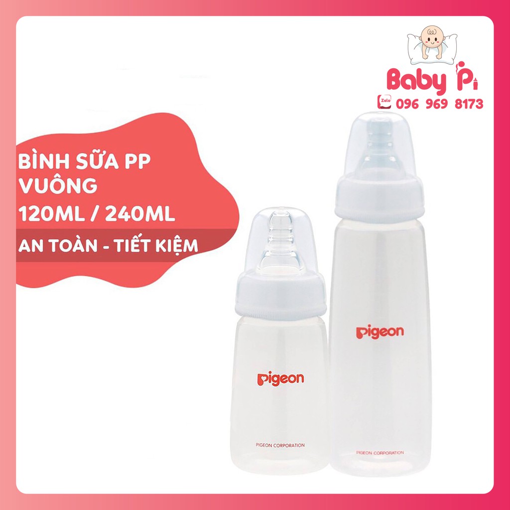 Bình sữa Pigeon PP vuông với núm ti silicon siêu mềm cho bé 120ml/240ml