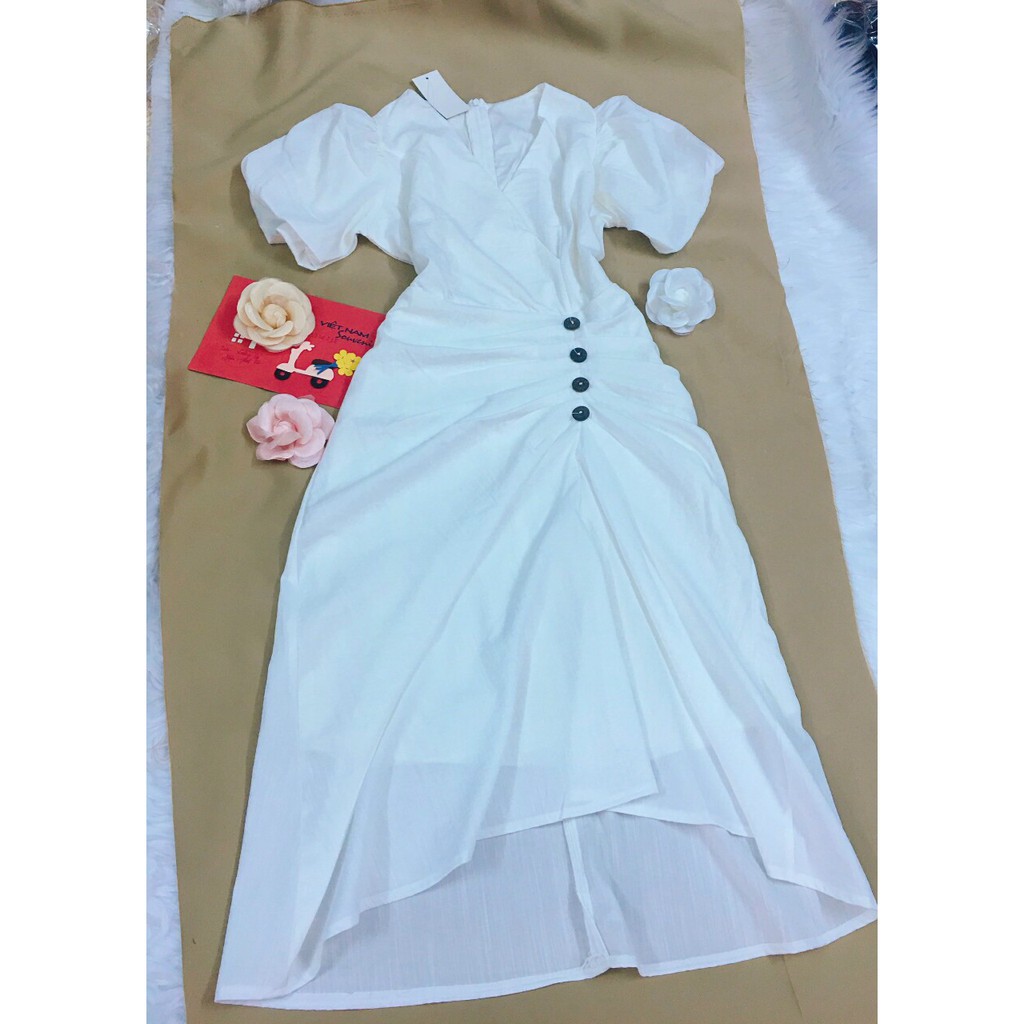 Đầm Dự Tiệc Đầm Thiết Kế Nhún Eo Cổ V Nút Gỗ Tôn Dáng Xinh Lung Linh195 | BigBuy360 - bigbuy360.vn