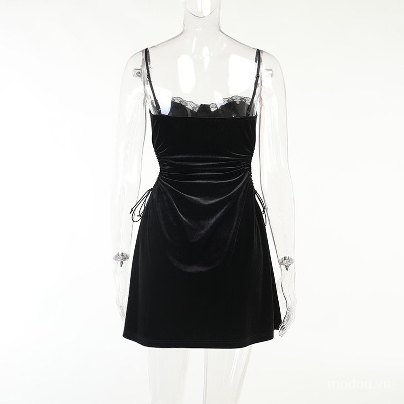 Đầm Nhung Phối Ren Hoa Thiết Kế Hở Lưng Quyến Rũ 5rgj