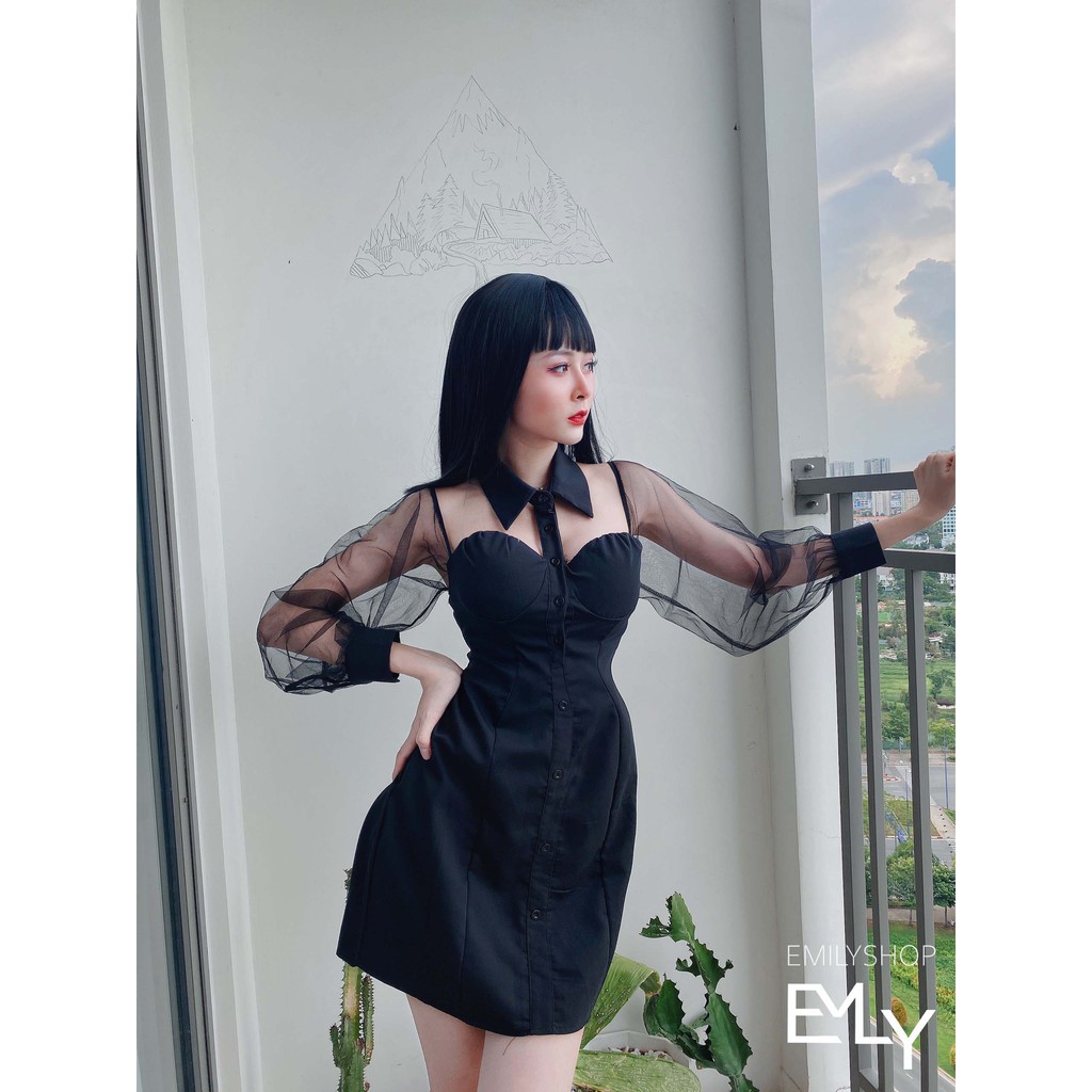 Đầm đen nữ Emilyshop dáng chữ a tay lưới