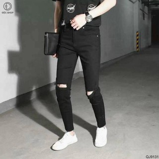 Quần Jean Nam, Quần jean rách gối Đen Trơn Cao Cấp Không Xù, Không Bai Màu Hàng VNXK