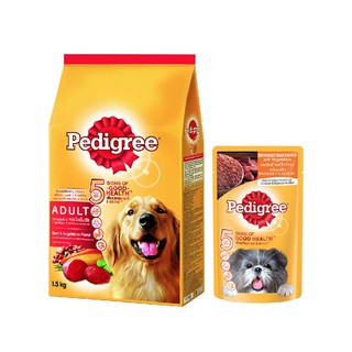 [Quà tặng] Bộ thức ăn cho chó lớn dạng hạt Pedigree vị bò và rau củ 1.5kg + sốt dành cho chó lớn vị bò rau củ 130g