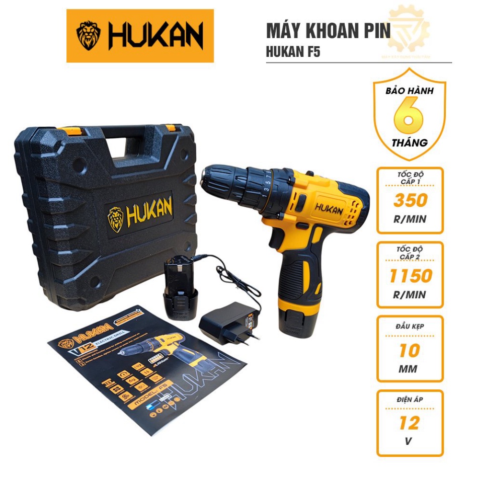 Máy khoan pin 12v HUKAN F5 động cơ không chổi than, bắn vít không dây kèm 2 pin 1 sạc