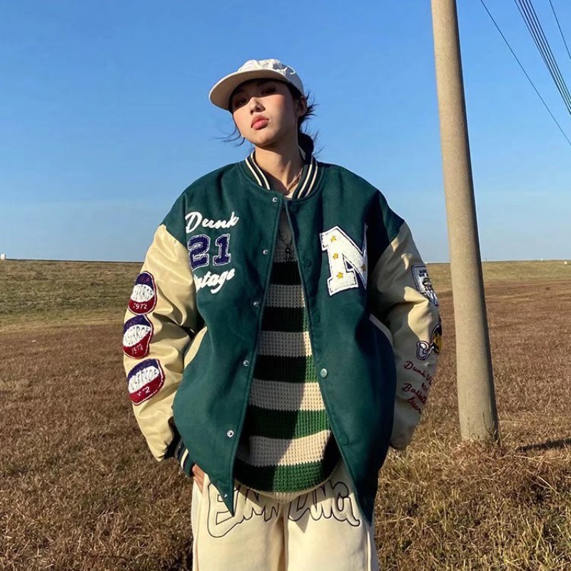 Áo khoác bóng chày thêu họa tiết chữ cái phong cách Hàn Quốc năng động