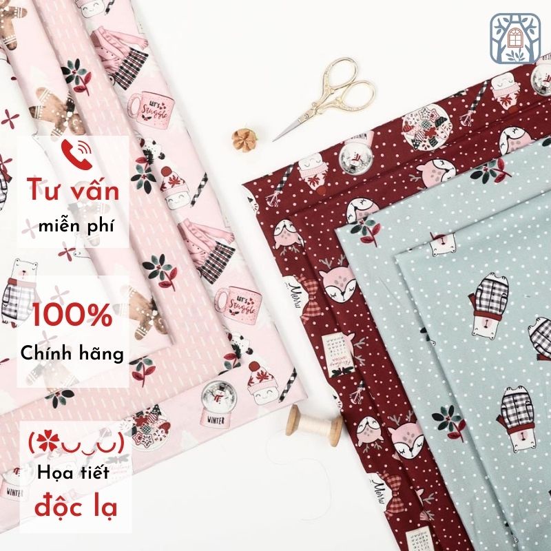 CS21-156 Vải cotton 100% tự nhiên🍒Chuanshui🍒khổ vải 145cm noel chấm bi- tuyết - vải đẹp handmade,quilt