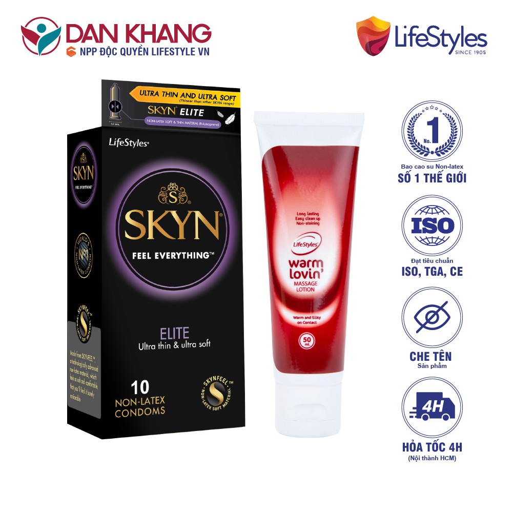 Combo Bao cao Su LifeStyles SKYN ELITE Non-latex Siêu Mỏng Cao Cấp 10 Bao + Gel Bôi Trơn LifeStyles Warm Lovin' 50ml