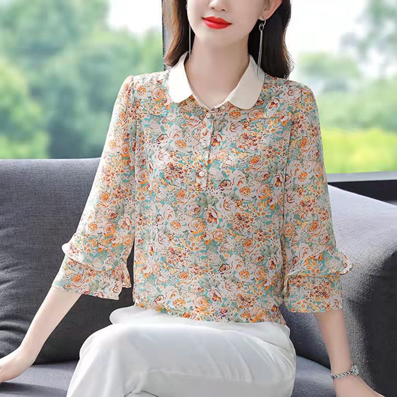 Áo Sơ Mi Chiffon Tay Lửng Cổ Bẻ In Họa Tiết Hoa Phong Cách Phương Tây Thời Trang Mùa Hè Dành Cho Nữ