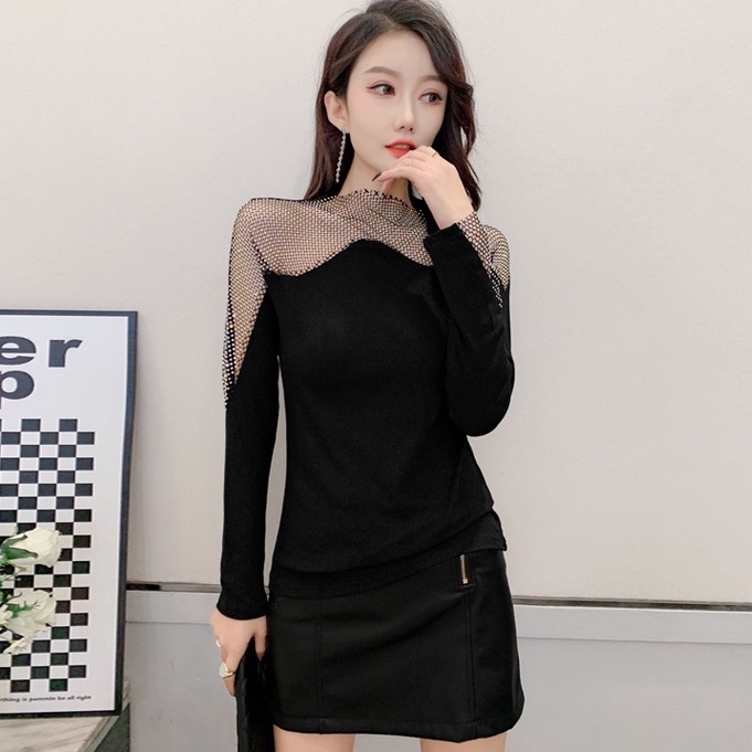 Áo Thun Tay Dài Phối Lưới Đính Đá Thiết Kế Mới Trẻ Trung Sành Điệu áo kiểu trễ vai áo lưới dài tay