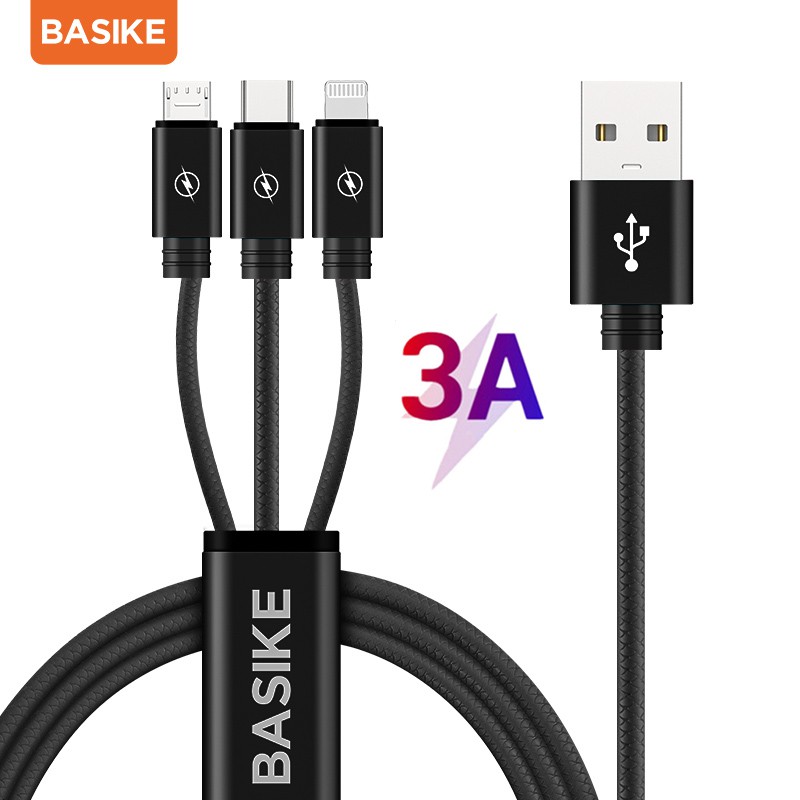 Dây Cáp Sạc BASIKE 3 Trong 1 Từ 5V/3A USB Sang Lightning TYPE-C MICRO Cho Samsung Huawei Oppo Xiaomi iPhone Dài 1.2M