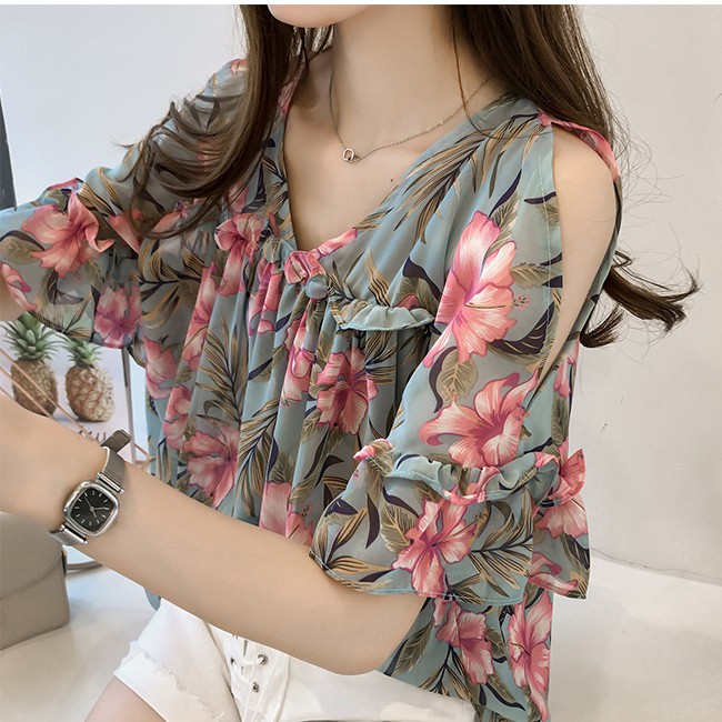 Áo kiểu SUXI chiffon thiết kế hở vai họa tiết hoa quyến rũ thời trang cho nữ