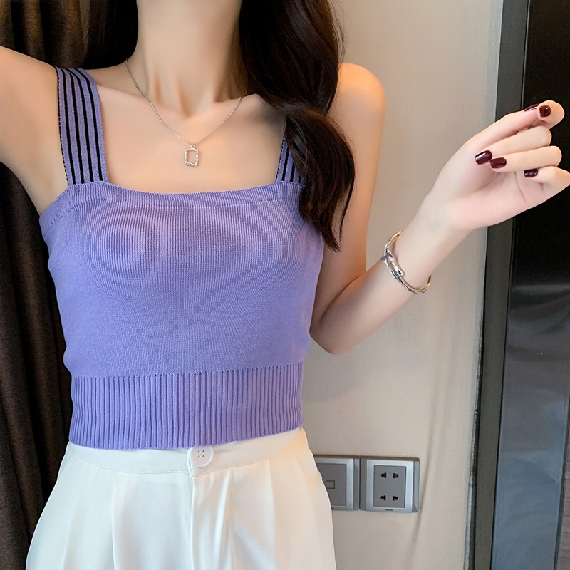  Áo dệt kim hai dây không tay màu trơn kẻ sọc phong cách Hàn Quốc | BigBuy360 - bigbuy360.vn