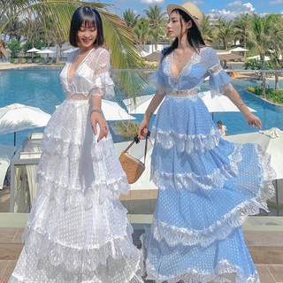 [FREESHIP] Đầm Maxi đi biển váy đi biển tầng phối ren có ảnh sàn