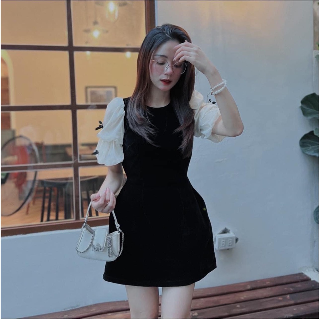Váy nhung phối tay nơ bo chun đầm dự tiệc diện tết sang chảnh