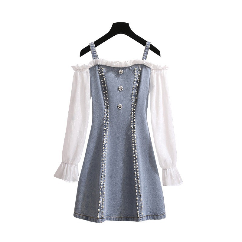 🌸Hàng Order🌸 Váy Jean Bigsize Trễ Vai Đính Ngọc Dọc Áo Nữ Tính Sexy 🌸Hàng Quảng Châu | BigBuy360 - bigbuy360.vn