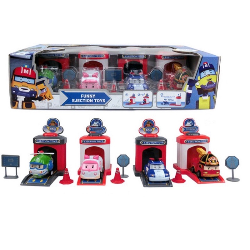 Bộ 4 Xe Và Nhà Đẩy Mô Hình Xe Ô Tô Robocar Poli