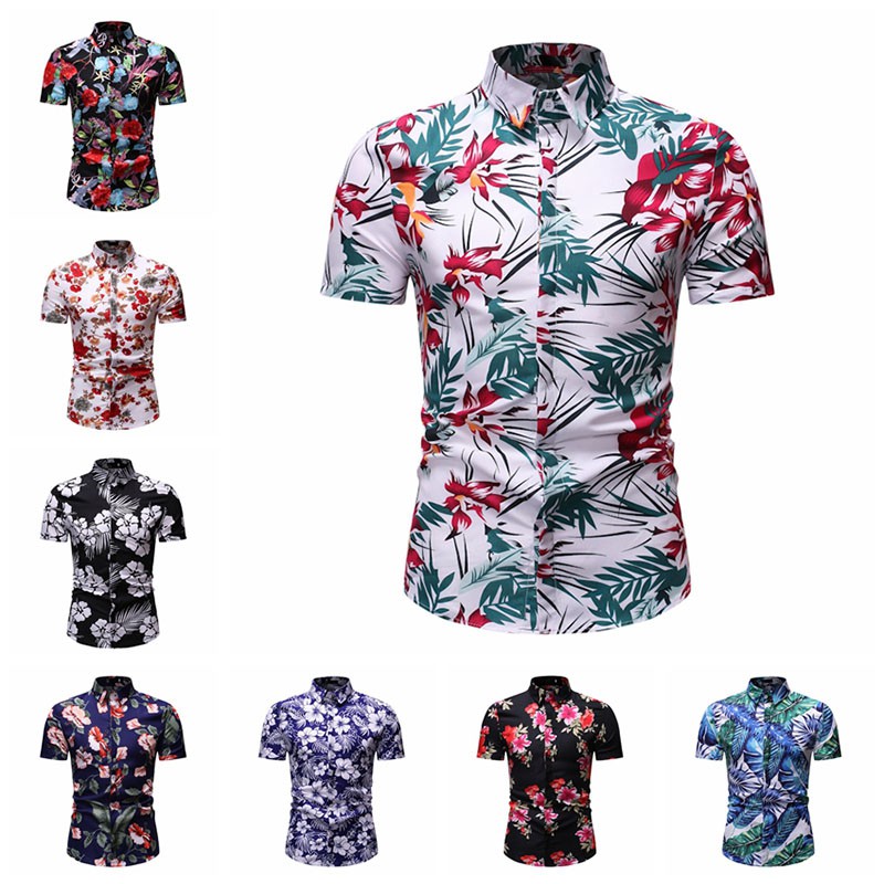 Áo sơ mi nam ngắn tay in hoa phong cách Hawaii size M-3XL