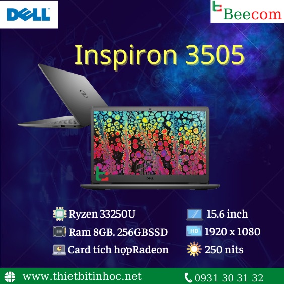 LAPTOP Dell Inspiron 3505 R3-3250U/8GD4/256G SSD/Win10 + OFFICE 2019/Đen/15.6"FHD_Y1N1T3 KÈM BALO DELL ESSENTIAL BACKPAC