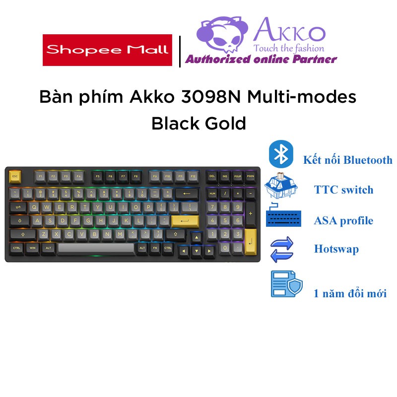 Bàn phím cơ AKKO 3098N Multi-modes Black Gold (Bluetooth 5.0 / Wireless 2.4Ghz / Hotswap / Foam tiêu âm / Foam đáy / TTC