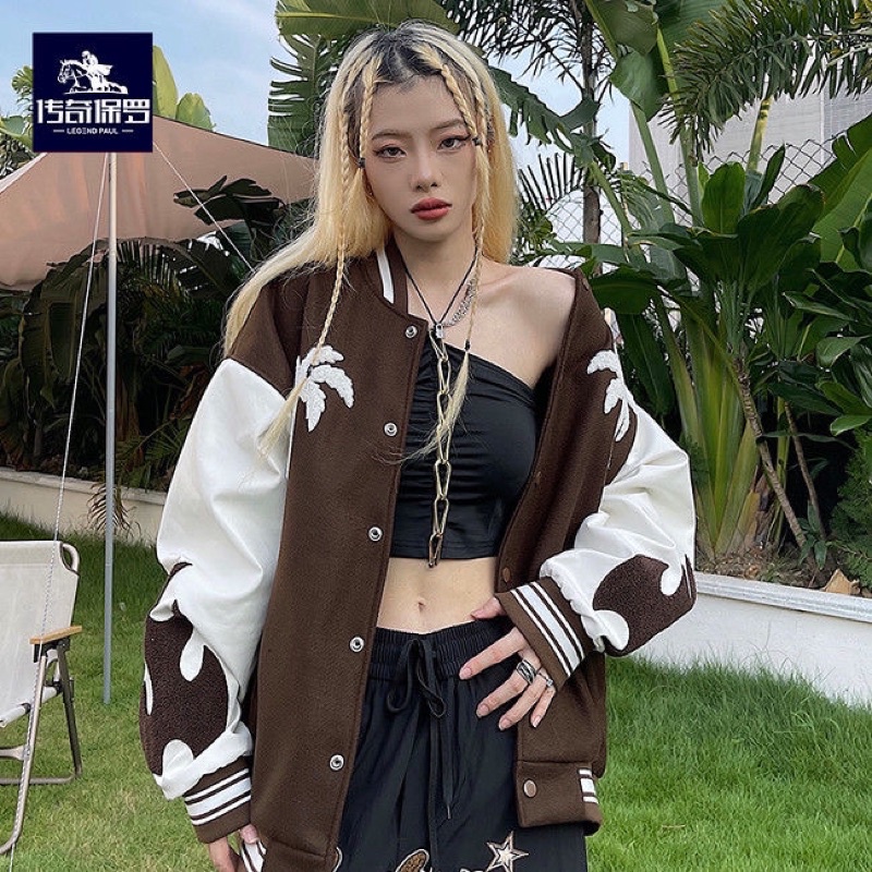 [ Ảnh thật ] Áo khoác bomber nam nữ unisex - Varsity Jacket nâu phiên bản logo thêu chất dạ lớp trong nỉ nhung mềm mại