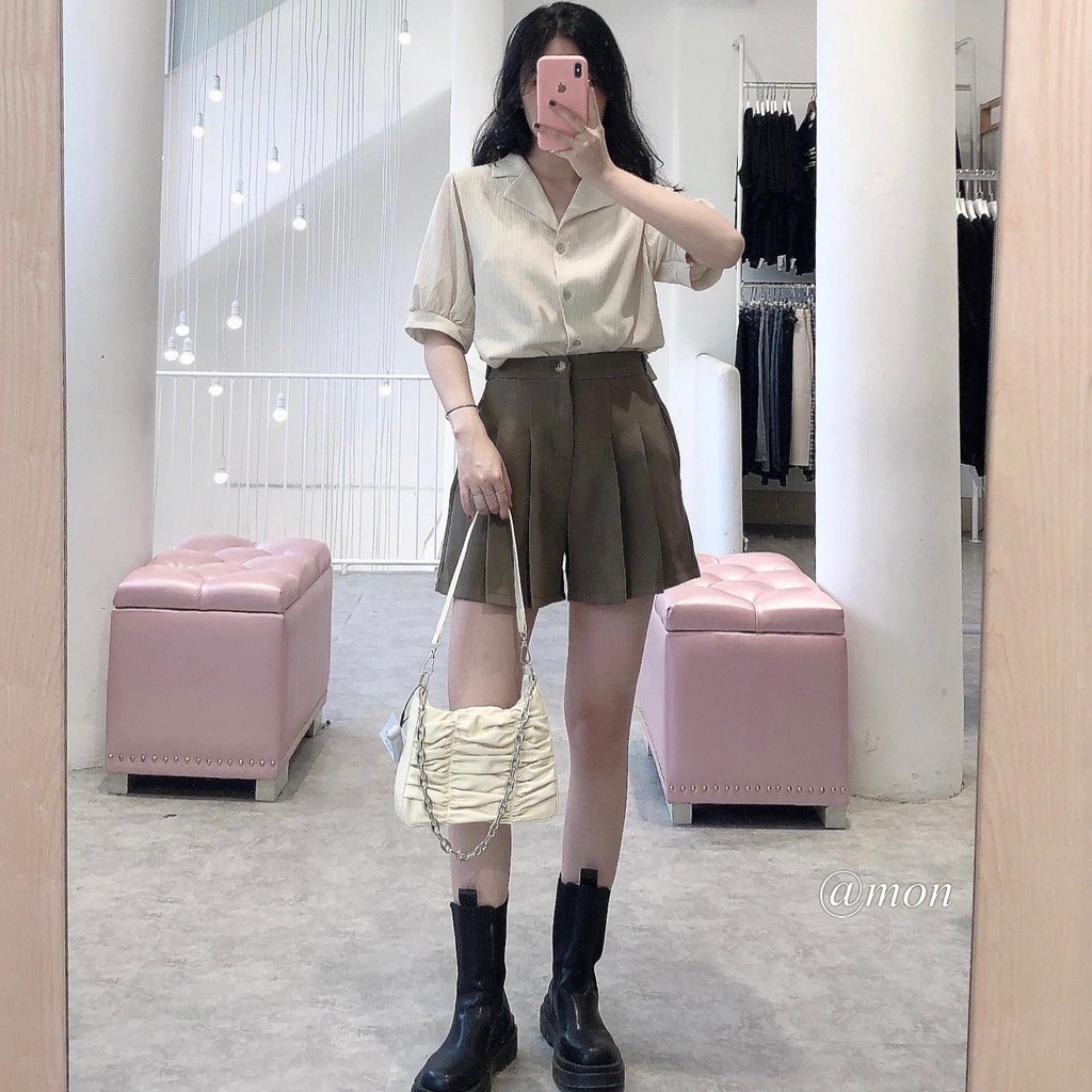 2101585 Áo sơ mi nữ ngắn tay basic thời trang ulzzang nhiều màu freesize