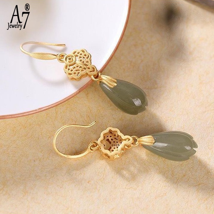 Bông Tai Bạc S925 Đính Ngọc Bích Kiểu Vintage Dễ Thương Cho Nữ