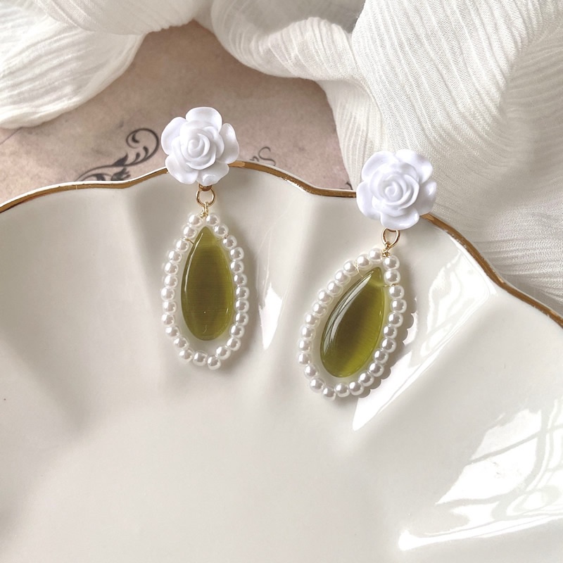 PINKDUDU Bông Tai Đính Ngọc Trai Hình Hoa Hồng/ Giọt Nước Màu Xanh Lá Thiết Kế Tinh Tế Thời Trang Cho Nữ PD713
