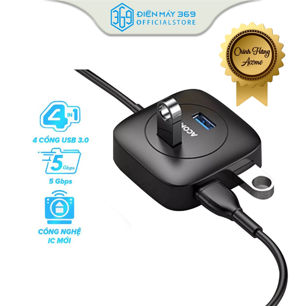 Bộ Chia USB HUB ACOME AH300, 4 cổng USB 3.0, Tốc độ truyền tải 5Gbps, Chống bám vân tay, Chất liệu PVC dày dặn