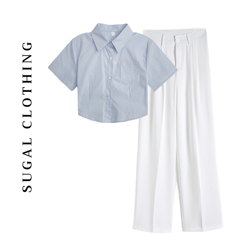 Áo Sơ Mi Nữ Croptop Ngắn Tay Phối Quần Cạp Cao Ống Rộng Thời Trang Sugal SO MI NU 009 + QUAN NU 003