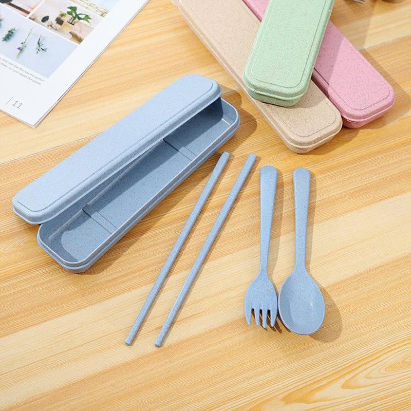 Bộ đũa thìa muỗng dĩa cá nhân văn phòng làm bằng lúa mạch tặng kèm hộp đựng