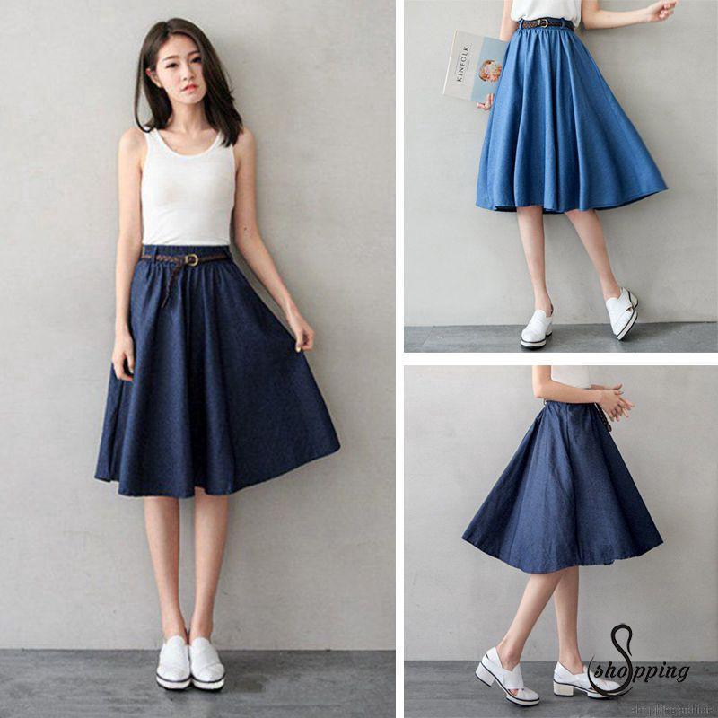 Váy denim dài màu trơn xinh xắn cho nữ