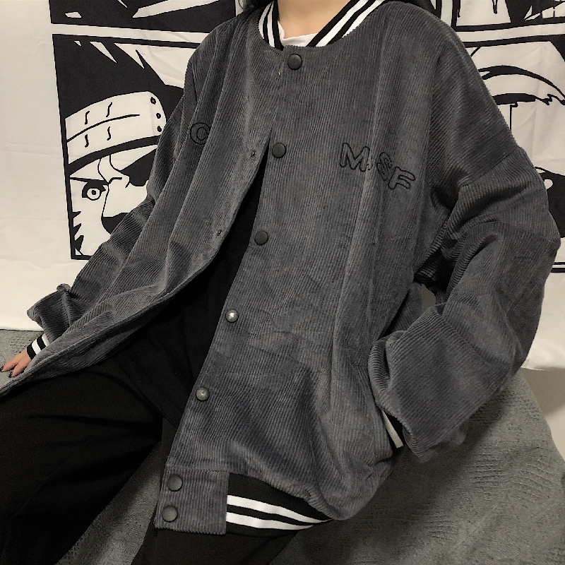 Áo khoác bóng chày vải nhung kẻ thêu chữ phong cách Harajuku cá tính cho nam và nữ | BigBuy360 - bigbuy360.vn