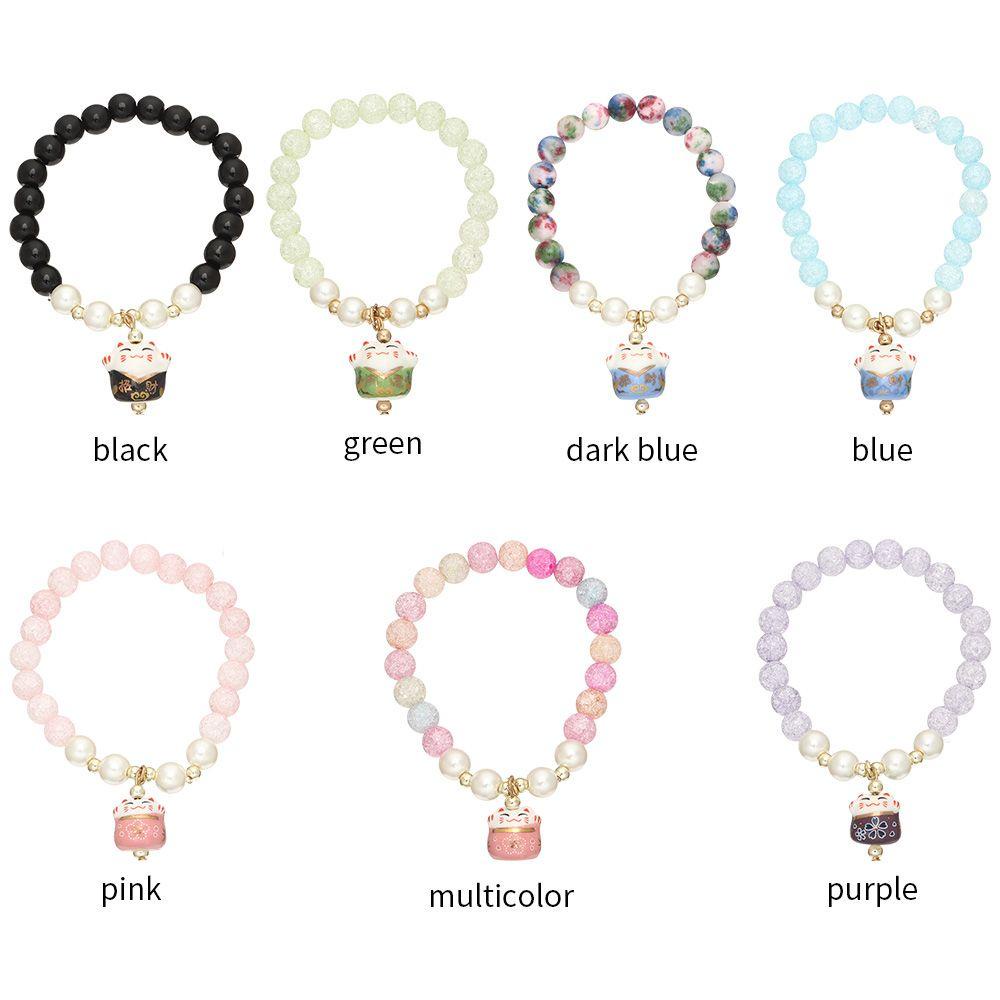 Vòng Tay Chuỗi Hạt Gốm Mặt Hình Mèo May Mắn Phong Cách Nhật Bản Kính