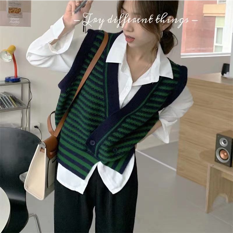 Áo Len Không Tay Cổ Chữ V Dáng Rộng Họa Tiết Kẻ Sọc Thời Trang Hàn Quốc Cho Nữ | BigBuy360 - bigbuy360.vn