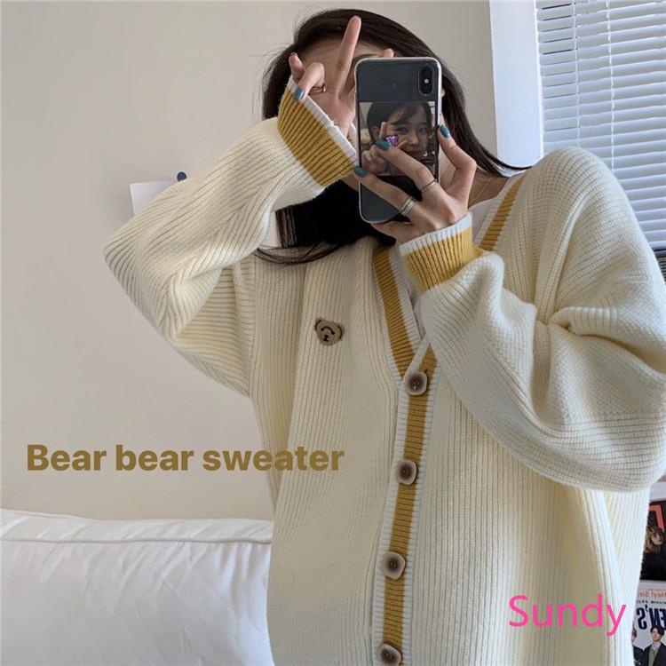 Áo khoác cardigan dệt kim tay dài cổ chữ V thêu họa tiết gấu phong cách Hàn Quốc thời trang mùa thu cho nữ