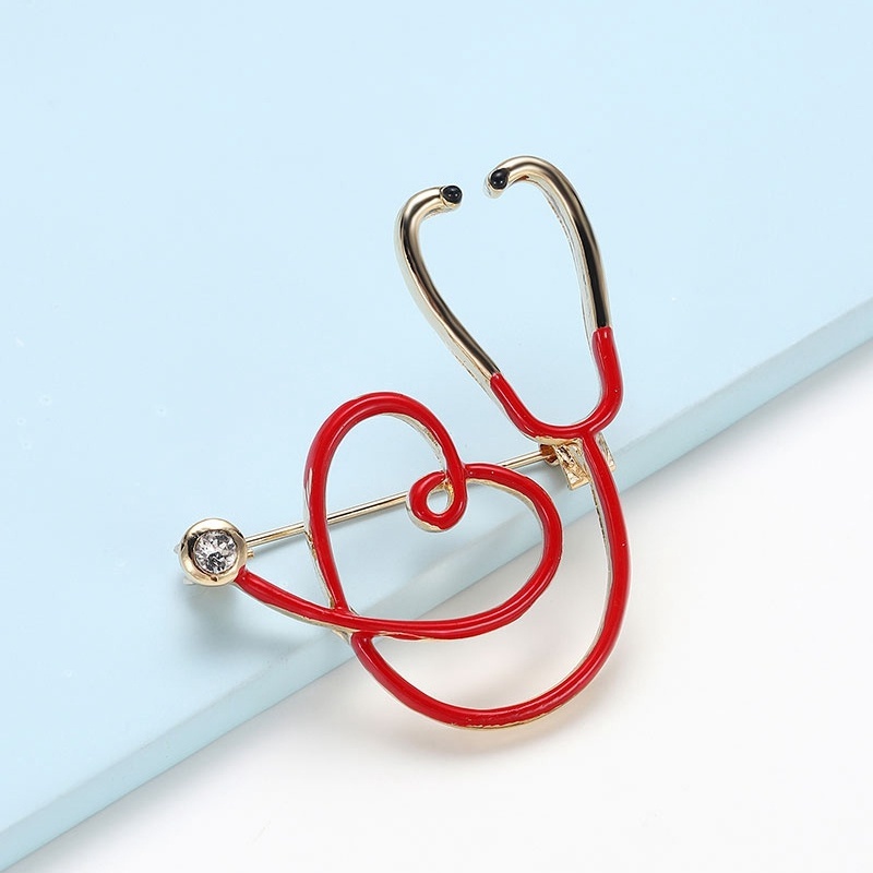 Ghim Cài Áo Hình Ống Nghe Y Tế Đính Đá Zircon Màu Đỏ Hình Trái Tim Mẫu Mới Cho Bác Sĩ / Y Tá / Ba Lô