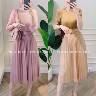chân váy xếp li kèm đai