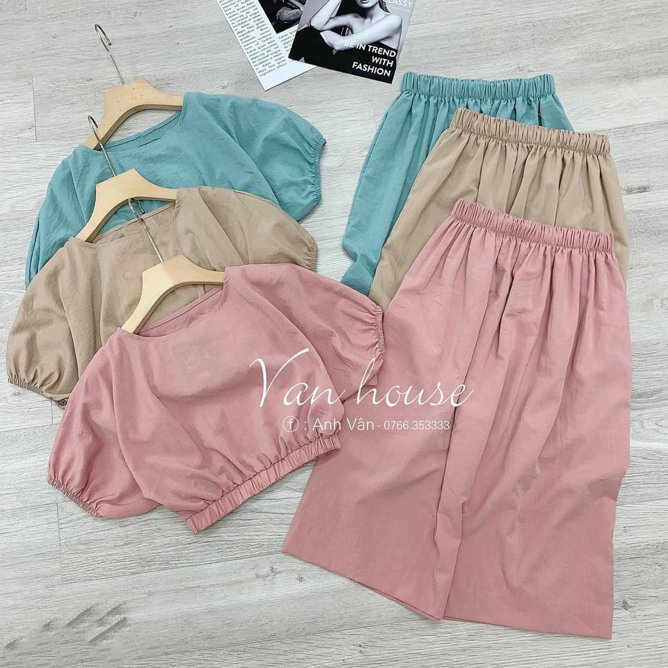 set chân váy dáng xòe cạp chun áo bom croptop 3 màu chất đũi