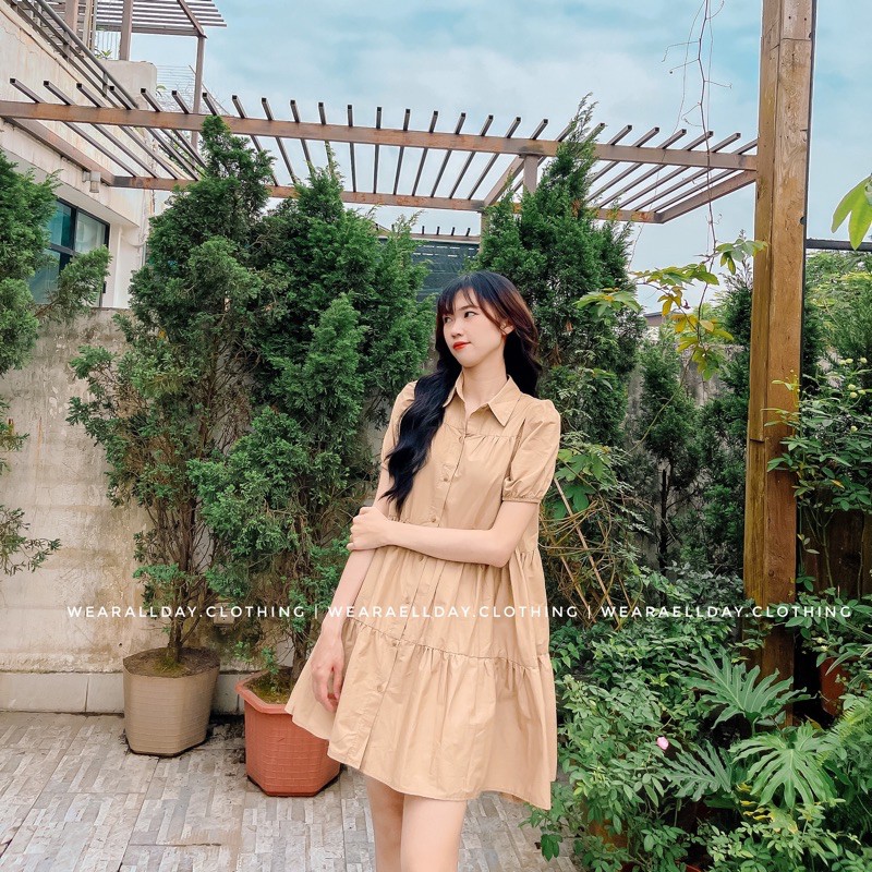 Váy Sơ Mi Babydoll Trắng Dáng Xoè, Mẫu đầm Sơ mi dáng xoè tầng 2 màu trắng nâu hàng thiết kế form đẹp | BigBuy360 - bigbuy360.vn