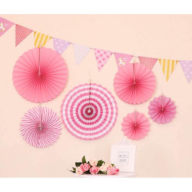 Quạt giấy trang trí sinh nhật thôi nôi phòng cưới decor treo tường bộ 6 cái HAPPYKID QGTTSN