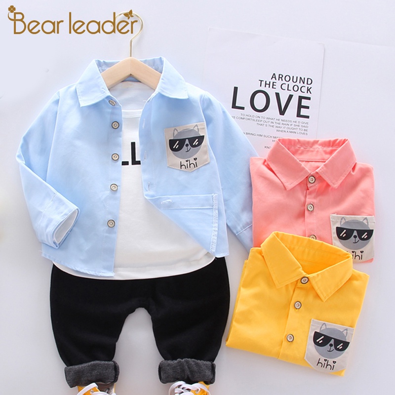 BEAR LEADER Bộ 3 Món Áo Sơ Mi In Chữ + Quần Dài Màu Trơn Thời Trang Mùa Thu Cho Bé Trai