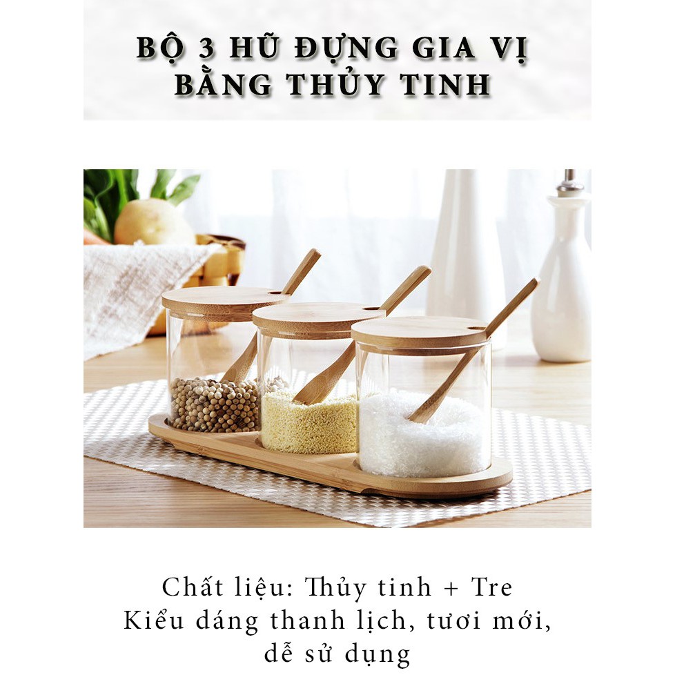 Bộ 3 Lọ đựng gia vị thủy tinh kèm đế gỗ cao cấp, hũ đựng gia vị kèm thìa tiện lợi FAMAHA