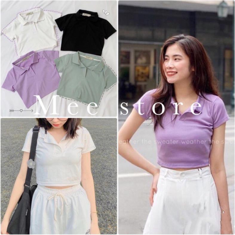 Áo Croptop Cổ Bẻ Nữ- Áo thun croptop polo basic tay ngắn có cổ trơn dáng ôm Ulzzang SIÊU XINH  ྇