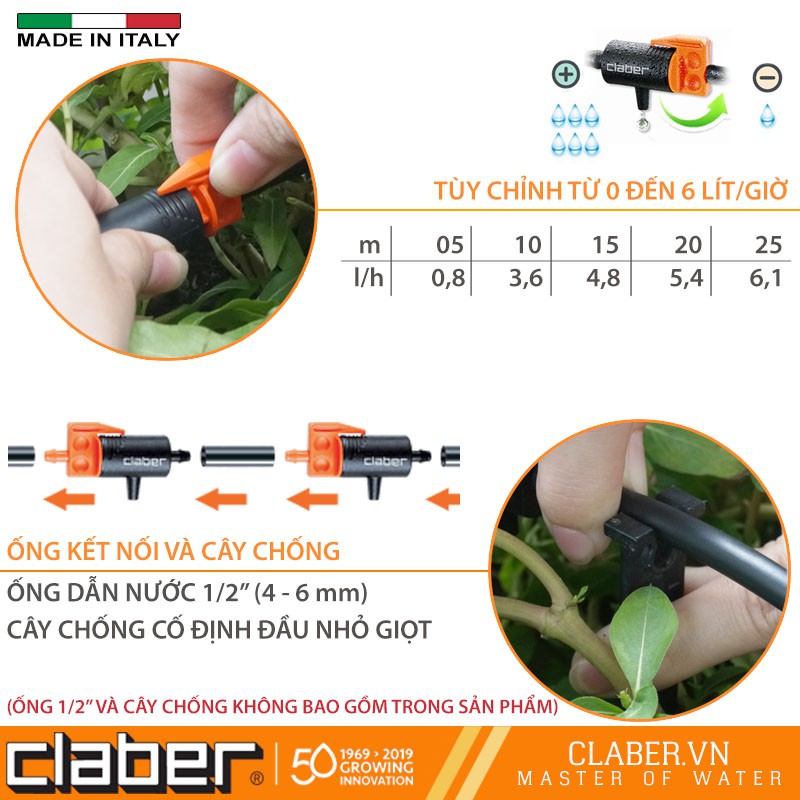 Đầu Tưới Nhỏ Giọt Điều Chỉnh [Made In Itlay] 0-6 lít/giờ Claber 91217,bịch 10 cái, kết nối ống 4-6mm